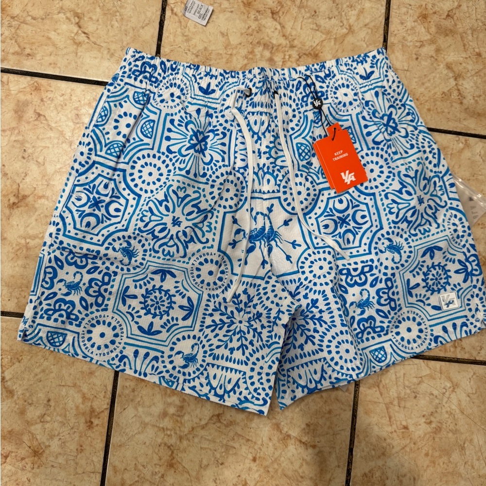 YoungLA White and Blue Tile-Print Athletic Shorts